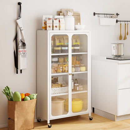 Metal Storage Cabinet with Adjustable Shelves and Lockable Wheels-White