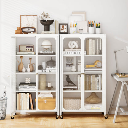 Metal Storage Cabinet with Adjustable Shelves and Lockable Wheels-White