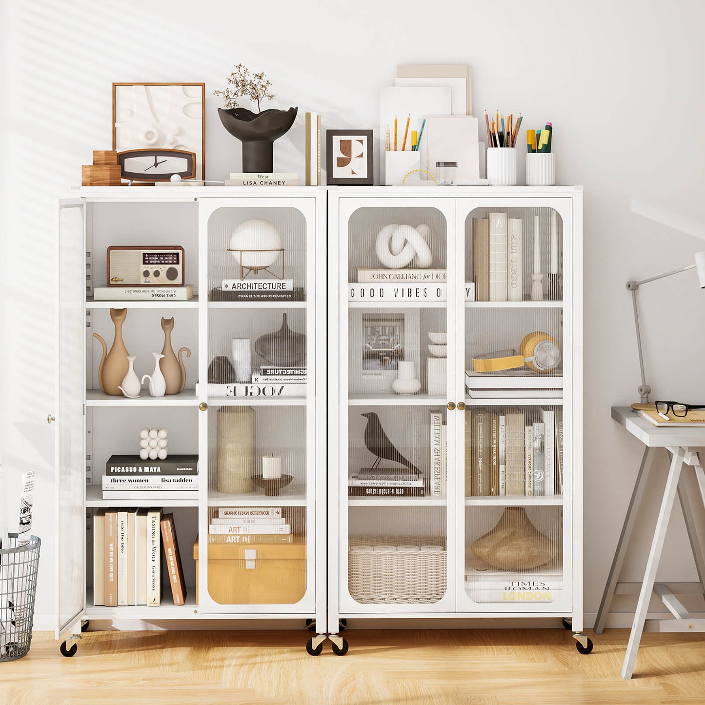 Metal Storage Cabinet with Adjustable Shelves and Lockable Wheels-White
