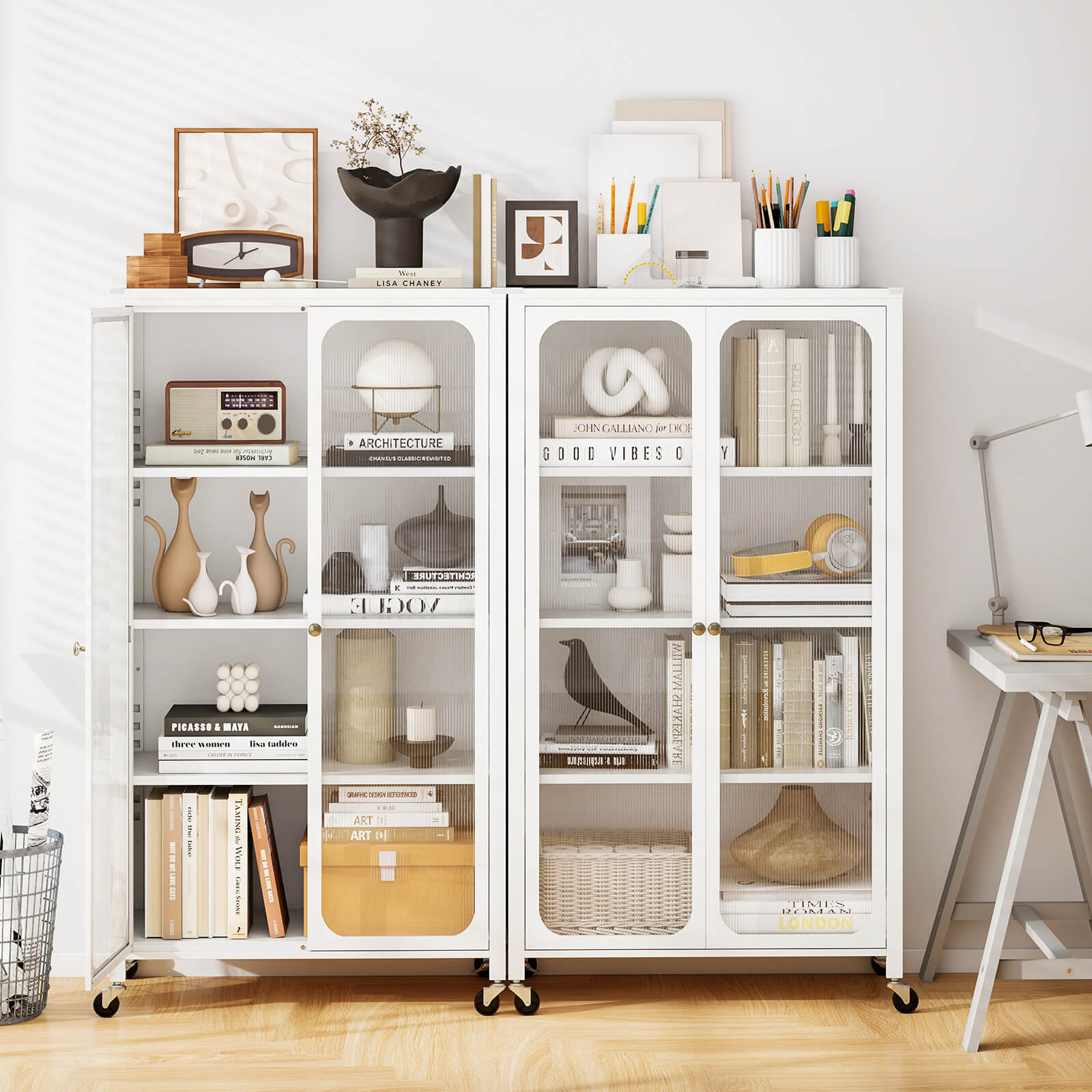 Metal Storage Cabinet with Adjustable Shelves and Lockable Wheels-White