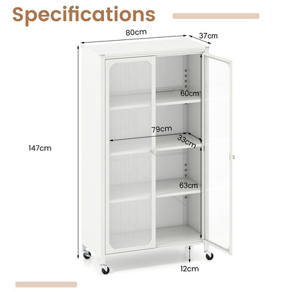 Metal Storage Cabinet with Adjustable Shelves and Lockable Wheels-White