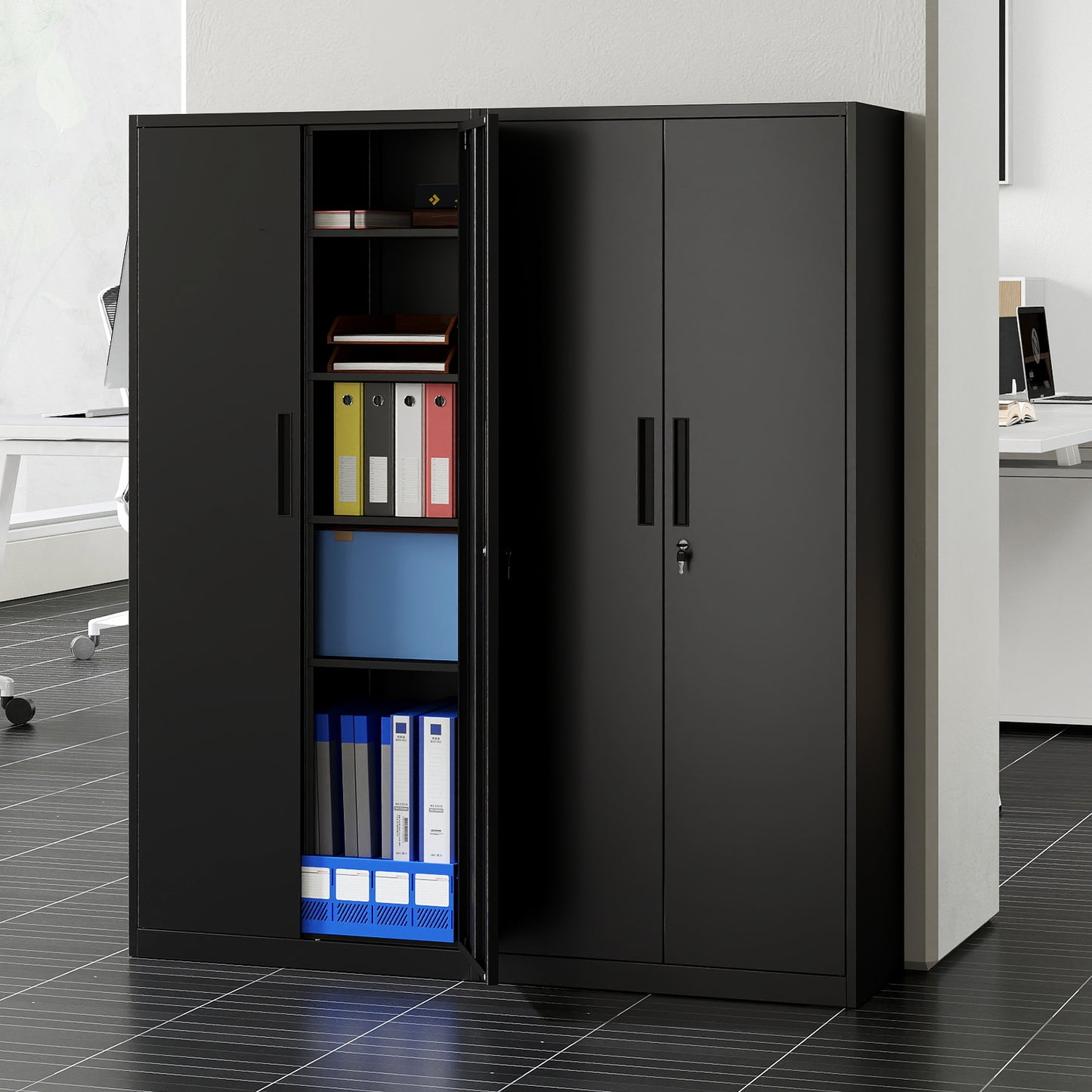 Metal Storage Cabinet with 2 Lockable Doors and 4 Adjustable Shelves-M-Black