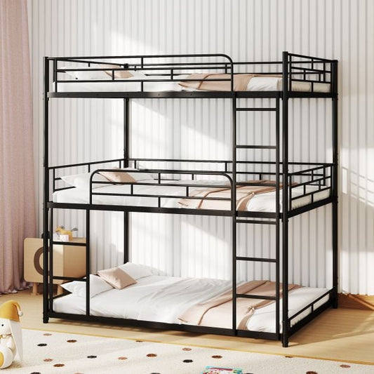 Metal Triple Bunk Bed with Safety Guardrails and 2 Ladders-Black