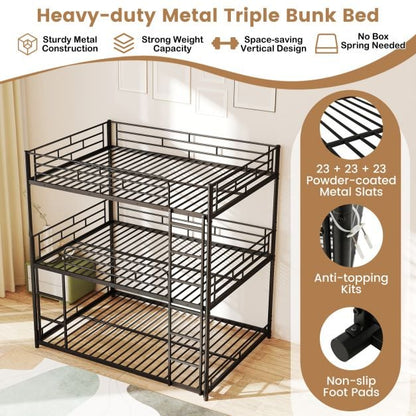 Metal Triple Bunk Bed with Safety Guardrails and 2 Ladders-Black