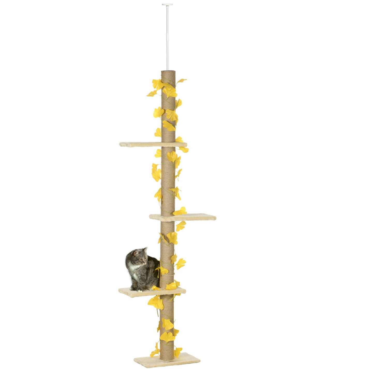 PawHut 242cm Adjustable Floor-To-Ceiling Cat Tree, with Artificial Decoration, Perches, Anti-Slip Kit - Yellow