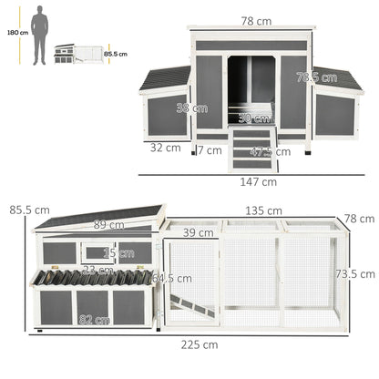 PawHut Large Chicken Coop Rabbit Hutch with Run Hen House Poultry Crate with Nesting Box for 6 Chickens Slide Out Tray Perches, 225x147x 85.5cm