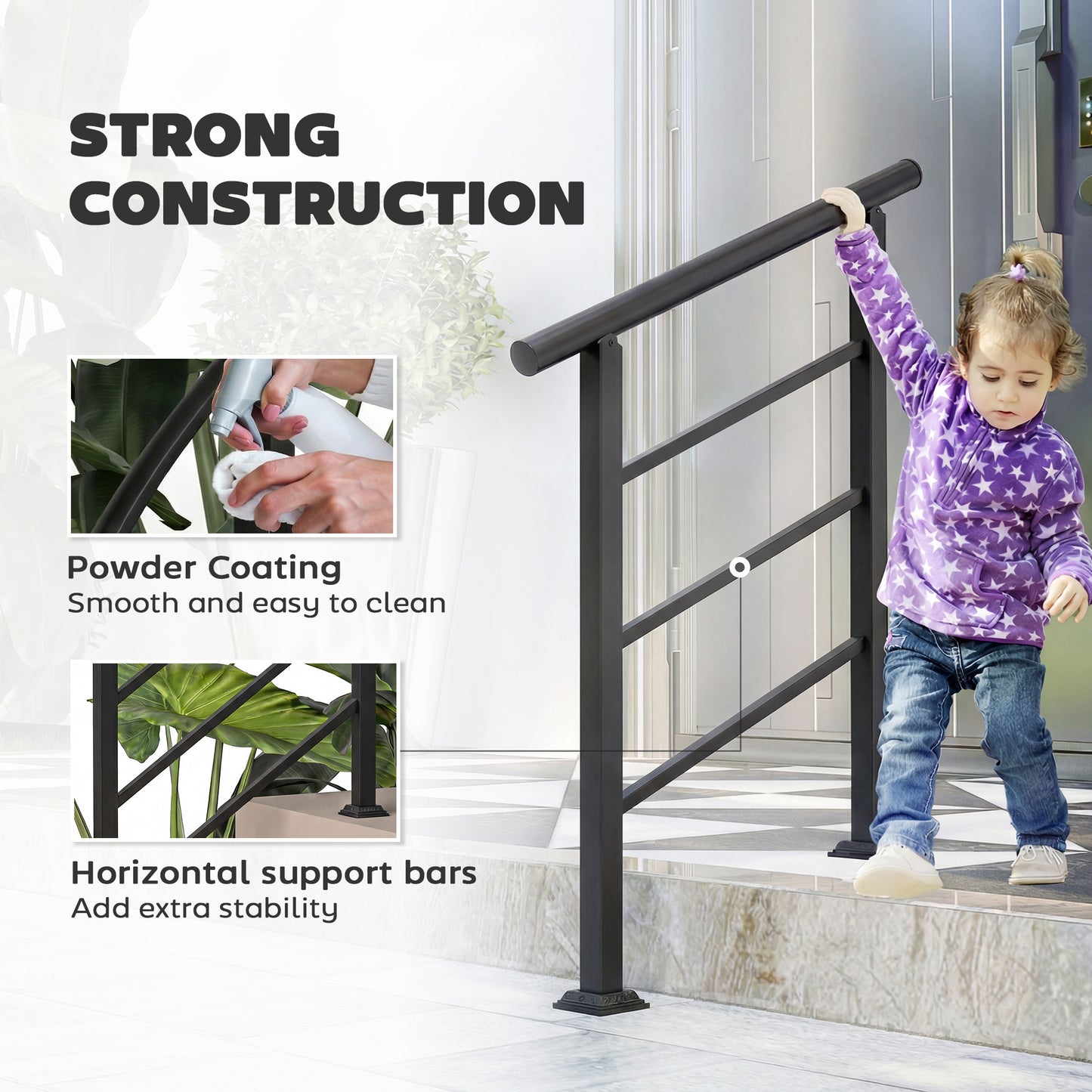 Outsunny Outdoor Handrail for Stairs, 0Â°-45Â° Adjustable Wrought Iron Exterior Handrail, Fit 1 to 3 Steps Stair Railing