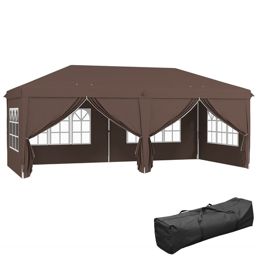 Outsunny 3 x 6 m Pop Up Gazebo with Sides and Windows, Height Adjustable Wedding Camping Party Tent Canopy Marquee with Storage Bag for Garden, Event, Brown