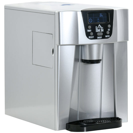 HOMCOM 3L Ice Maker Machine and Water Dispenser, 12kg in 24H, 2 Sizes 9 Ice Cubes Ready in 6-10 Mins Ice Machine, Silver