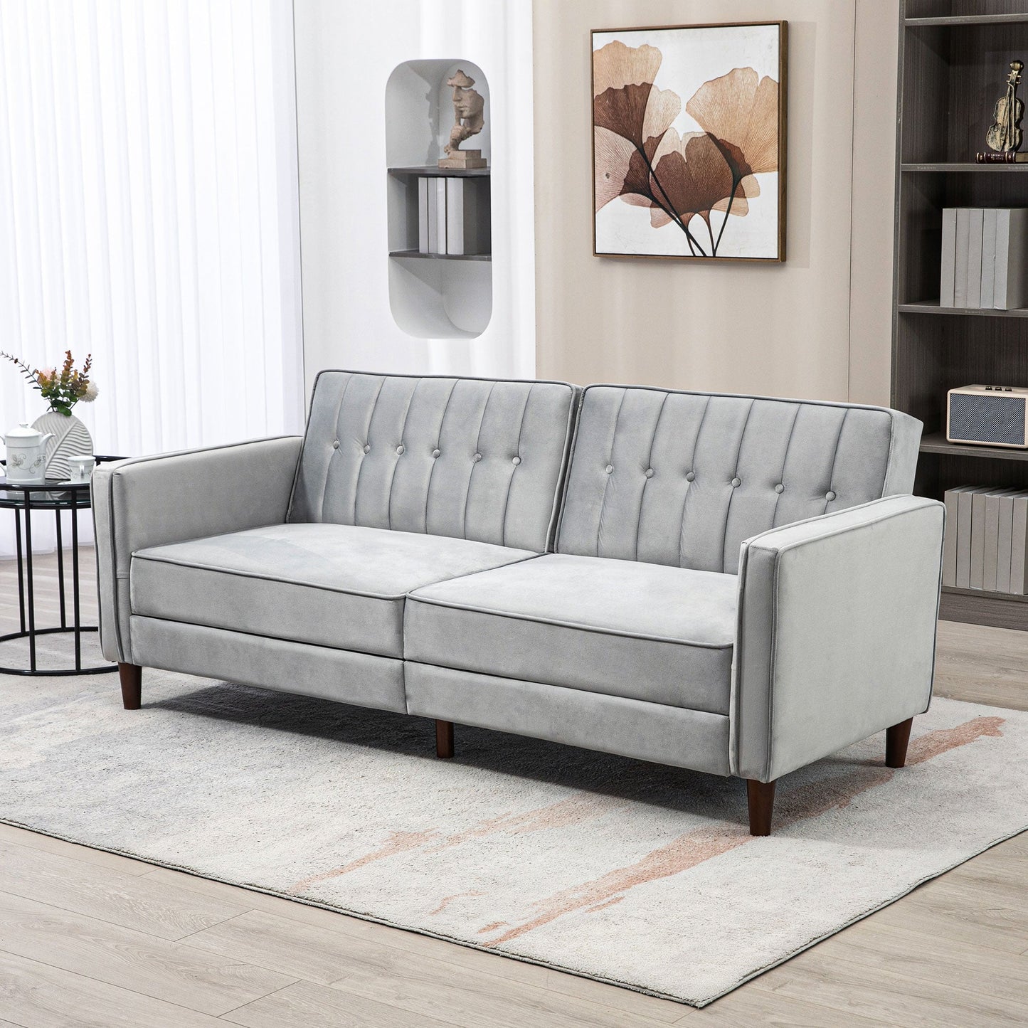 HOMCOM Nowoczesna rozkładana sofa Futon Velvet-Touch, kompaktowa sofa dwuosobowa z regulowanym, dzielonym oparciem, jasnoszara