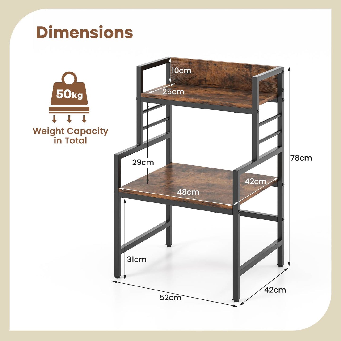 3 Tier Microwave Stand with Storage Shelves for Kitchen-Rustic Brown