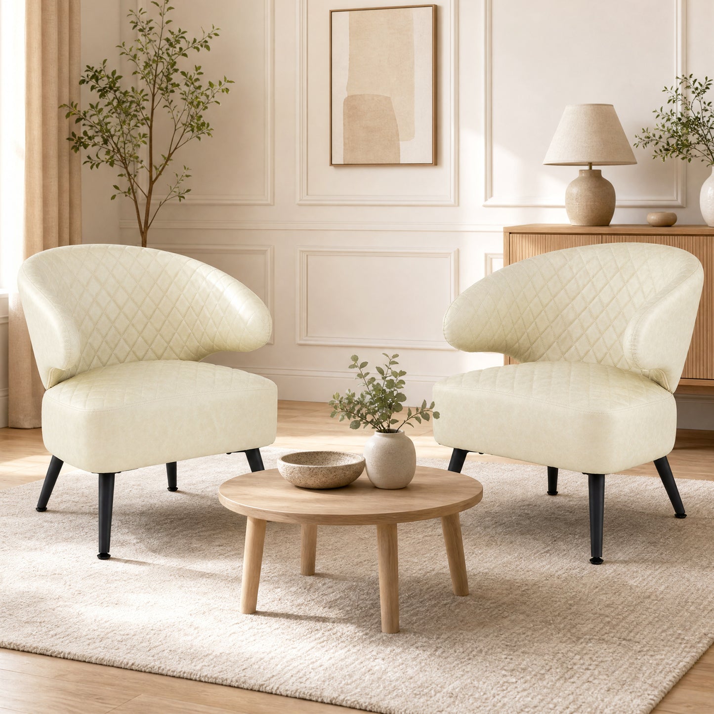 Mid Century Accent Chair Comfy PU Leather Upholstered Armchair-White