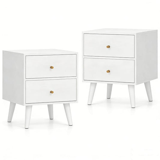 Mid Century Modern Bedside Table with Storage and Raised Support Legs Set of 2-White