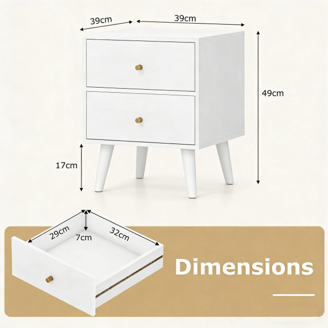 Mid Century Modern Bedside Table with Storage and Raised Support Legs Set of 2-White
