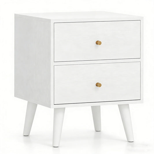 Mid Century Modern Bedside Table with Storage and Raised Support Legs-White
