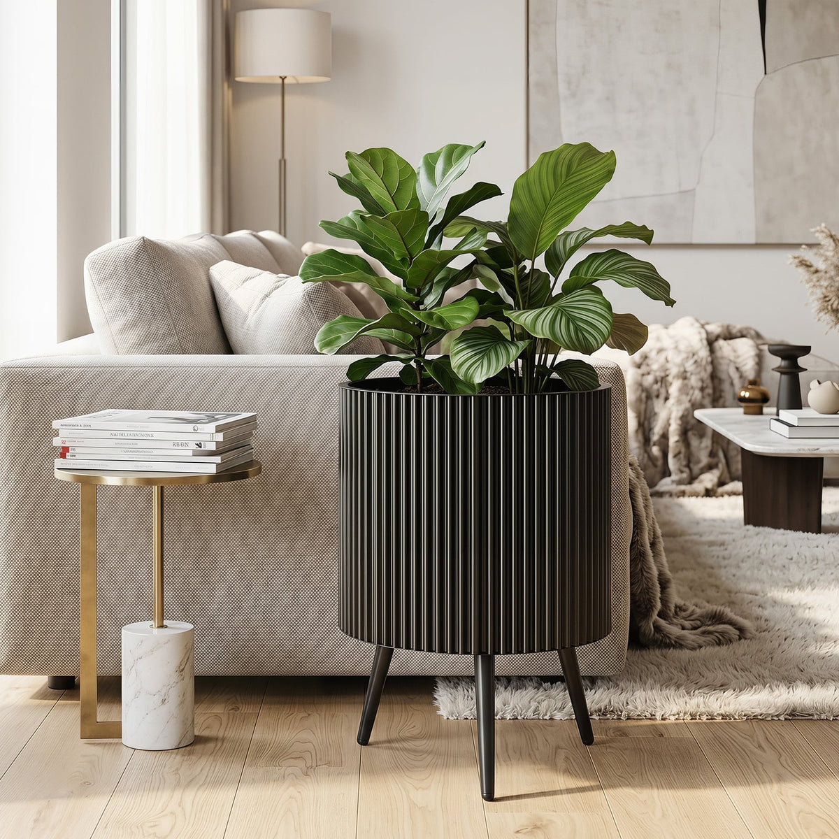 Mid-Century Modern Plant Pot with Built-in Drainage Holes and Stand-M