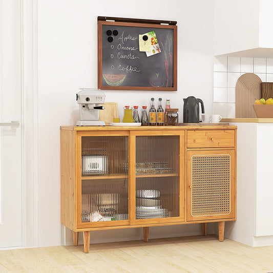 Bamboo Buffet Cabinet with Tempered Glass Sliding Doors and Drawer-Natural
