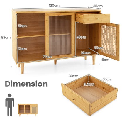 Bamboo Buffet Cabinet with Tempered Glass Sliding Doors and Drawer-Natural