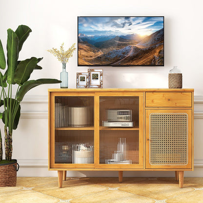 Bamboo Buffet Cabinet with Tempered Glass Sliding Doors and Drawer-Natural