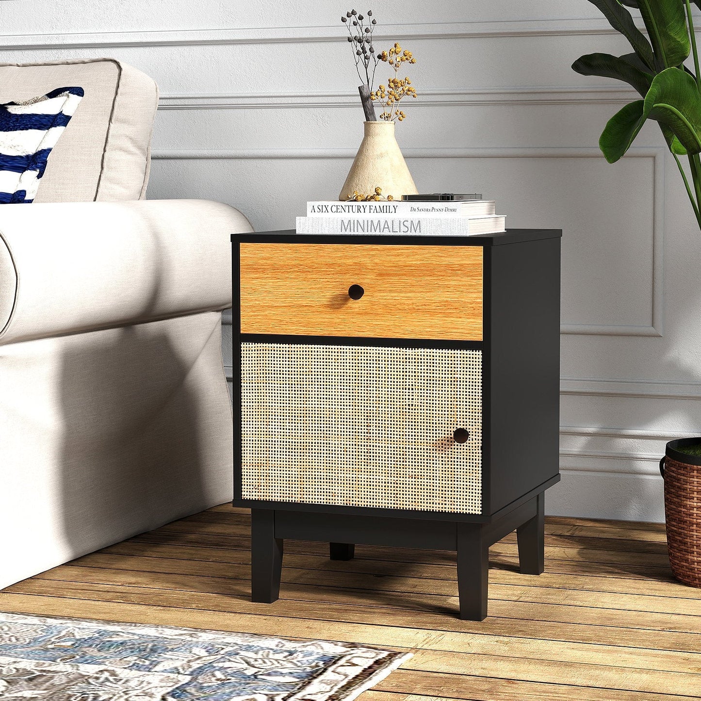 Modern Rattan Nightstand with Storage Drawer and Cabinet-Black