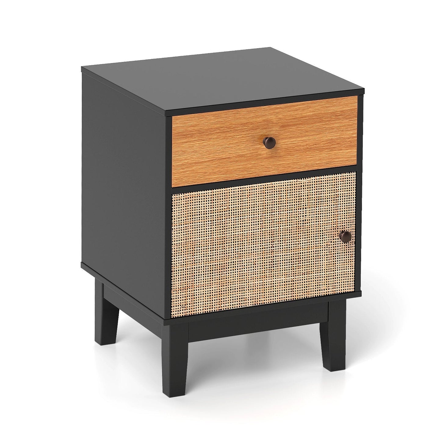 Modern Rattan Nightstand with Storage Drawer and Cabinet-Black