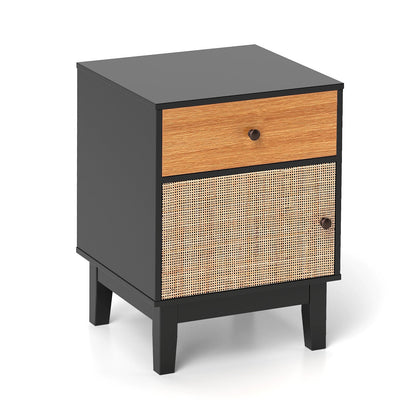 Modern Rattan Nightstand with Storage Drawer and Cabinet-Black
