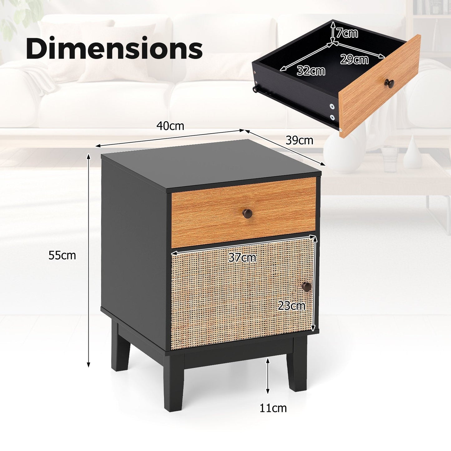 Modern Rattan Nightstand with Storage Drawer and Cabinet-Black