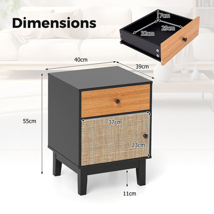 Modern Rattan Nightstand with Storage Drawer and Cabinet-Black