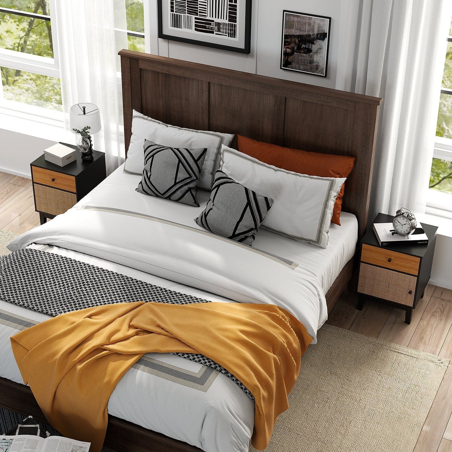 Modern Rattan Nightstand with Storage Drawer and Cabinet-Black