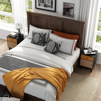 Modern Rattan Nightstand with Storage Drawer and Cabinet-Black