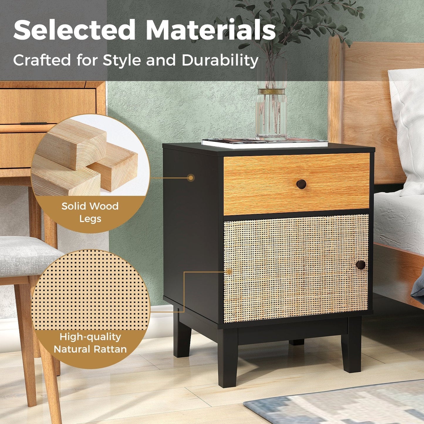 Modern Rattan Nightstand with Storage Drawer and Cabinet-Black