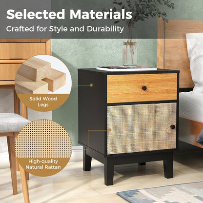 Modern Rattan Nightstand with Storage Drawer and Cabinet-Black