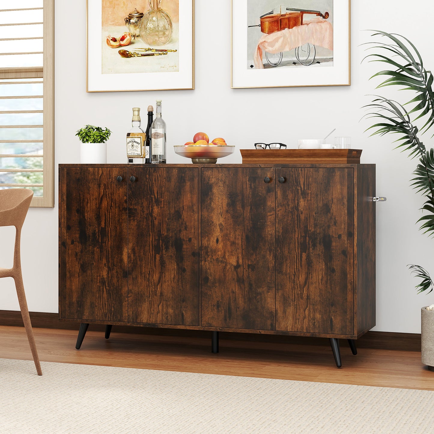 Mid Century Modern 4-Door Storage Cabinet with 5-Position Adjustable Shelves-Rustic Brown