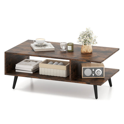 Mid Century Modern Coffee Table 2-Tier Accent Table with 2 Open Compartments-Rustic Brown