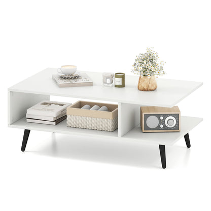 Mid Century Modern Coffee Table 2-Tier Accent Table with 2 Open Compartments-White