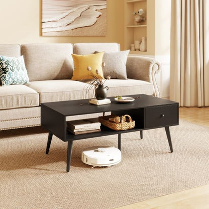 109cm Rectangular Coffee Table with Drawer and Storage Shelf-Black
