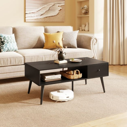 109cm Rectangular Coffee Table with Drawer and Storage Shelf-Black
