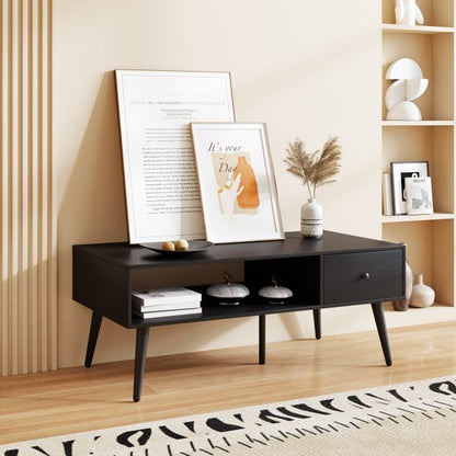 109cm Rectangular Coffee Table with Drawer and Storage Shelf-Black
