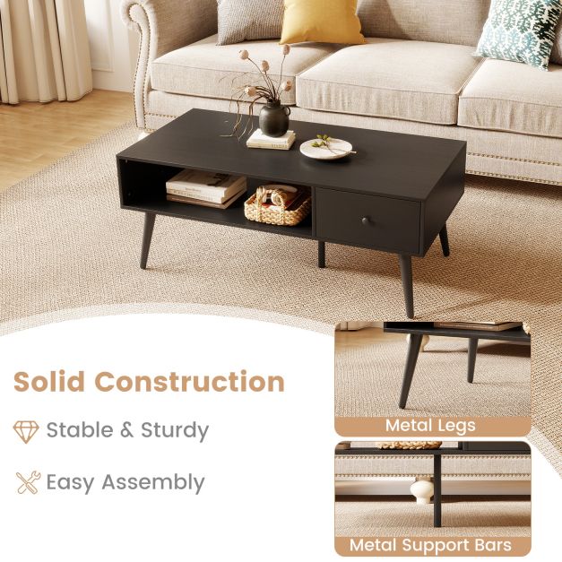 109cm Rectangular Coffee Table with Drawer and Storage Shelf-Black