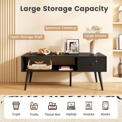 109cm Rectangular Coffee Table with Drawer and Storage Shelf-Black