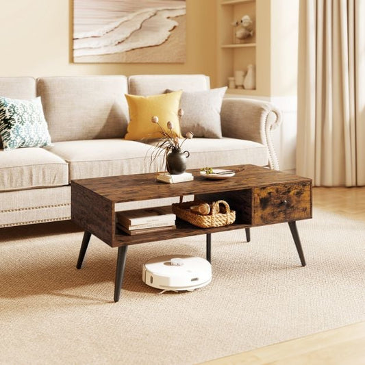 109cm Rectangular Coffee Table with Drawer and Storage Shelf-Rustic Brown