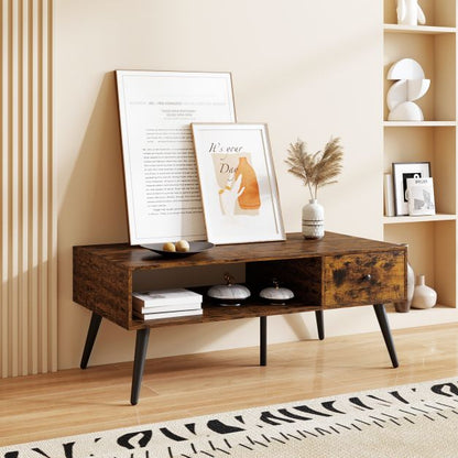 109cm Rectangular Coffee Table with Drawer and Storage Shelf-Rustic Brown