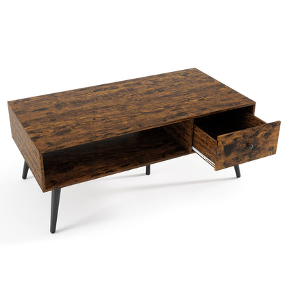 109cm Rectangular Coffee Table with Drawer and Storage Shelf-Rustic Brown