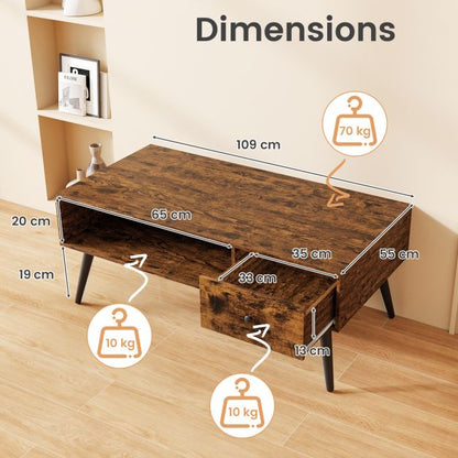 109cm Rectangular Coffee Table with Drawer and Storage Shelf-Rustic Brown