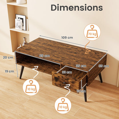109cm Rectangular Coffee Table with Drawer and Storage Shelf-Rustic Brown