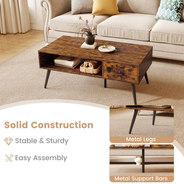 109cm Rectangular Coffee Table with Drawer and Storage Shelf-Rustic Brown