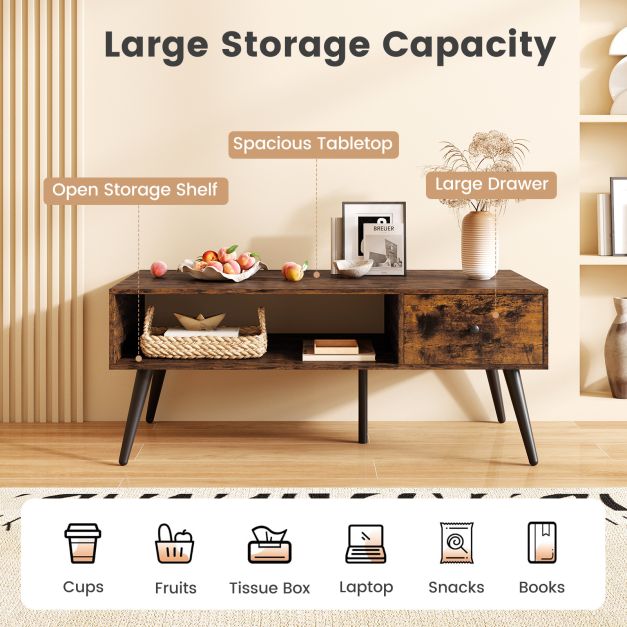 109cm Rectangular Coffee Table with Drawer and Storage Shelf-Rustic Brown