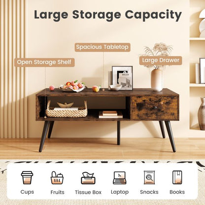 109cm Rectangular Coffee Table with Drawer and Storage Shelf-Rustic Brown