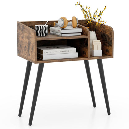 2-Tier Mid Century Modern Nightstand with Open Shelves-Rustic Brown