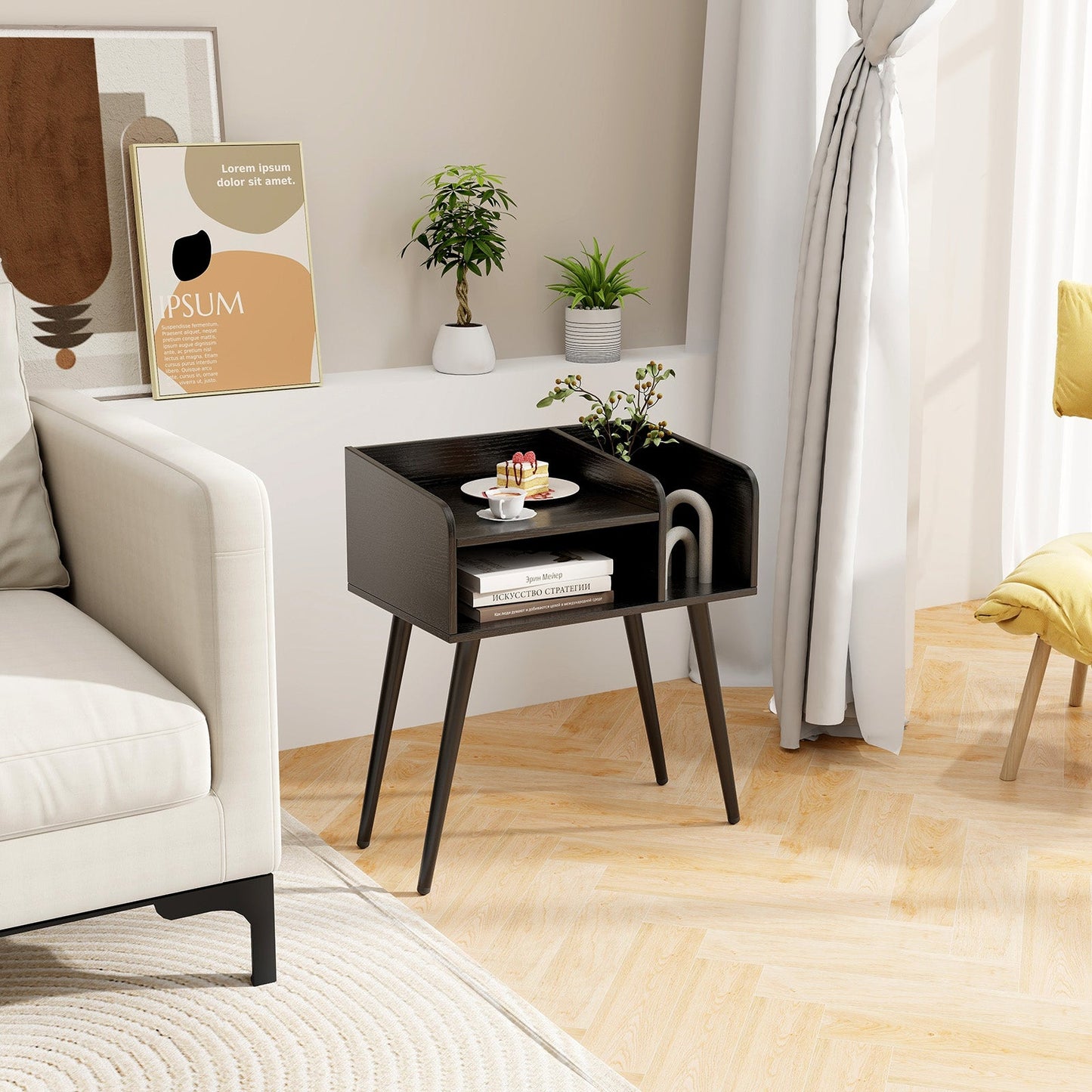 2-Tier Mid Century Modern Nightstand for Living Room Bedroom Set of 2-Black